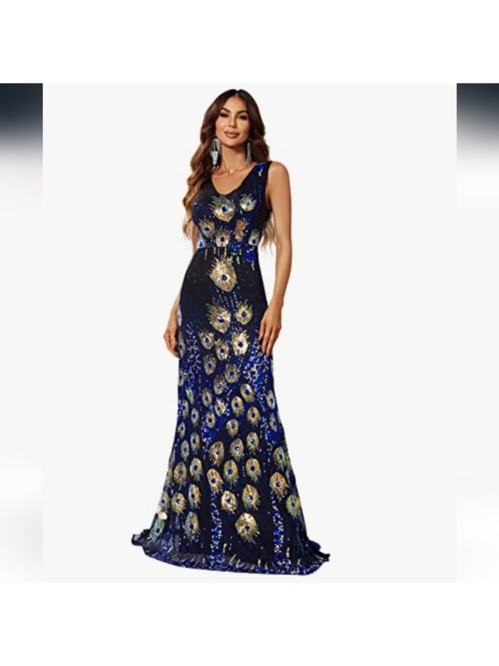 Women's Vintage Peacock Sequin Formal Dress V Neck Party Prom Evening Gown 1x - Picture 2 of 15